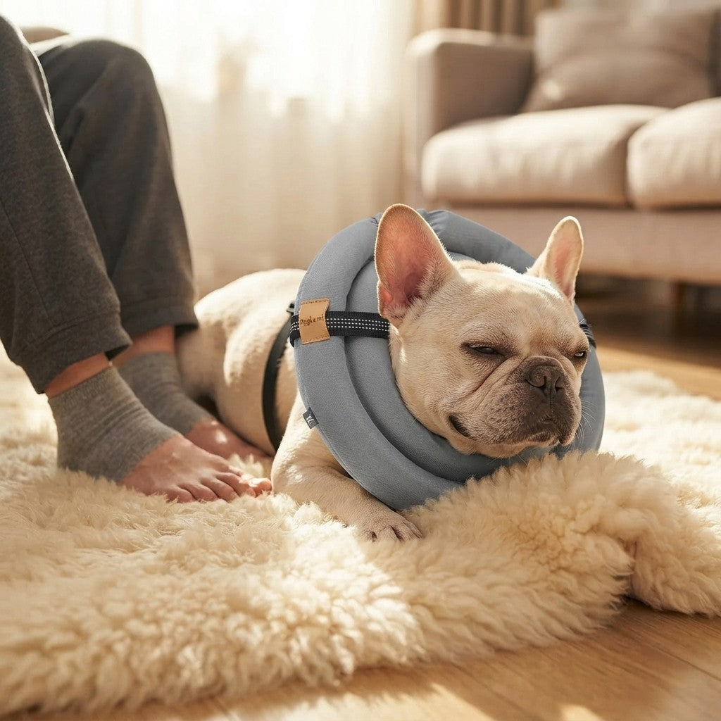 Dog resting with GentleHalo next to its owner