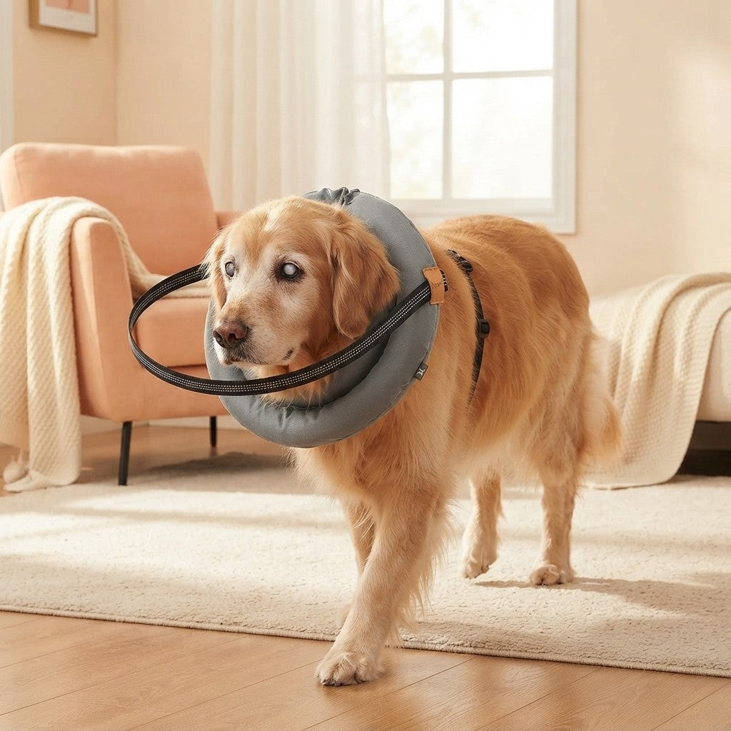 Senior golden retriever wearing GentleHalo at home