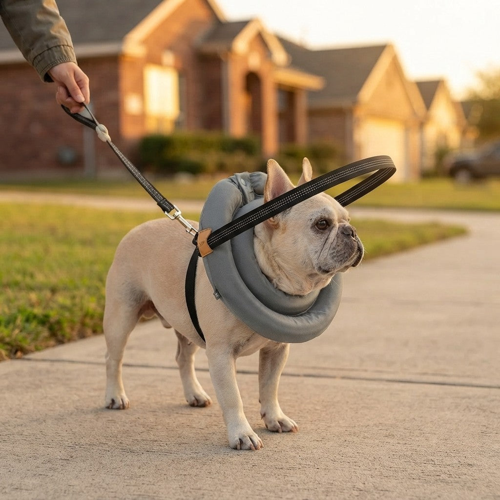 Dog on an evening walk wearing GentleHalo